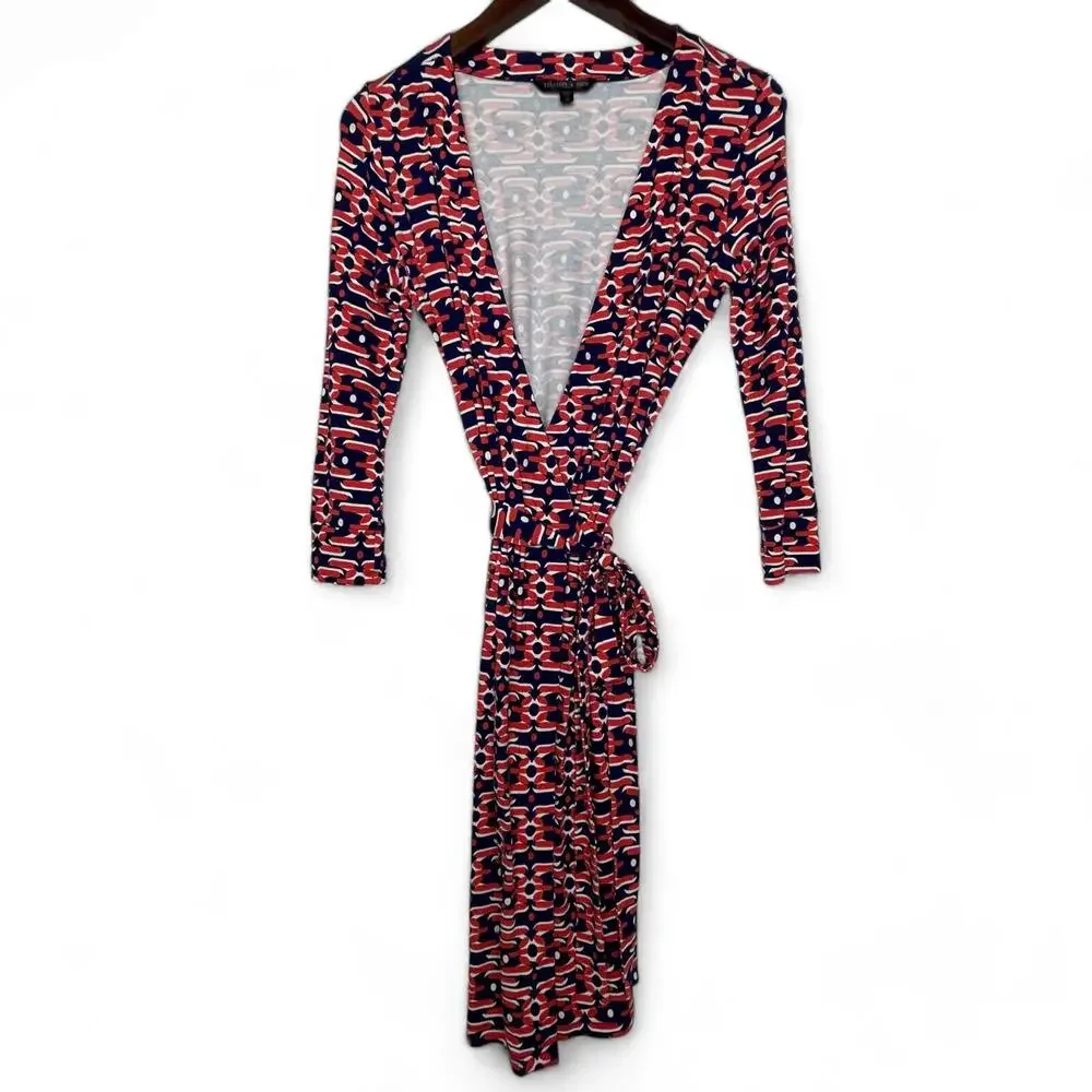 Felicity & Coco Wrap Dress Art Deco Print - Size XS Coral Red & Navy Long Sleeve